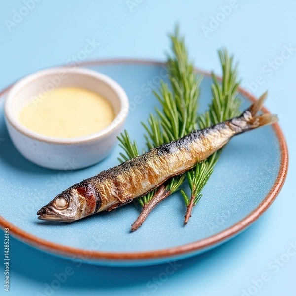 Fototapeta Japanese grilled fish with gold brushstroke sauce, elegant minimalist setting