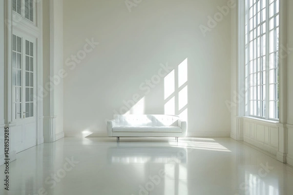 Fototapeta Photograph of a white leather sofa in an empty room with a window on the right side and a white wall behind it. 