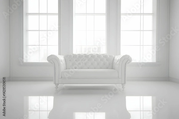 Fototapeta A white leather sofa sits in the center of an empty room, with a window on each side and white walls and a shiny floor.