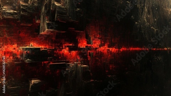 Fototapeta Intricate, dark, abstract digital art of a fiery, geometric interior.