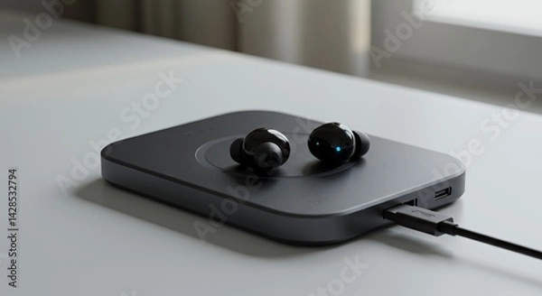 Fototapeta Wireless Earbuds Charging on Modern Dock: Sleek Design and Minimalist Tech