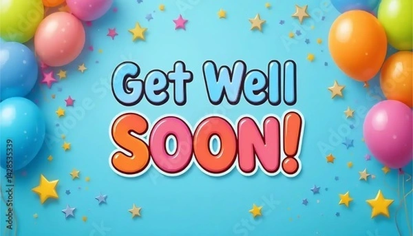 Fototapeta Get Well Soon Card with Balloons and Confetti on Light Blue Background