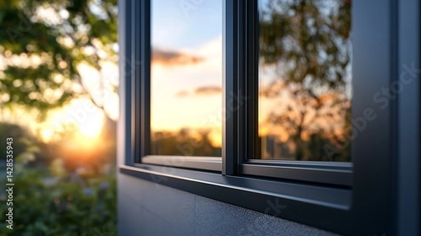 Fototapeta Exterior modern window frame against a sunset backdrop.