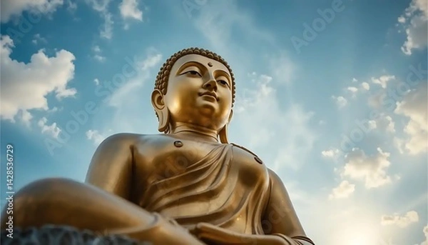 Fototapeta Golden Buddha Statue Under a Cloudy Blue Sky Spiritual Reflection