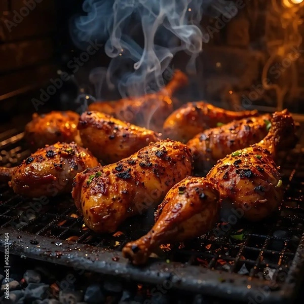 Fototapeta Grilled Chicken Drumsticks with Smoke on a Charcoal Grill Cooking