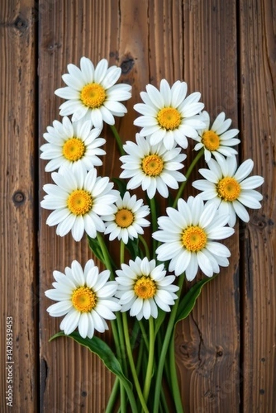 Fototapeta stylish flat lay of daisies on a wooden background, with white and honey palette, warm afternoon lighting sophistication, sleek arrangement, high resolution