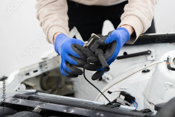 Obraz Car Mechanic Working With Ignition Coil in an Automotive Garage, Focused on Engine Repair