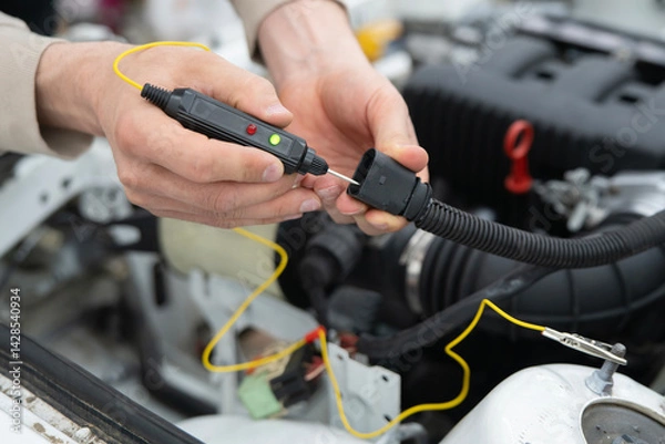 Fototapeta Car Mechanic Uses Auto Diagnostic Tester on Vehicle Engine to Identify Issues During Repair Process