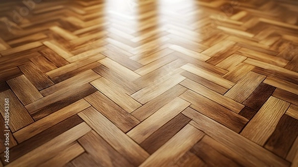 Fototapeta Polished herringbone parquet flooring with light reflections.