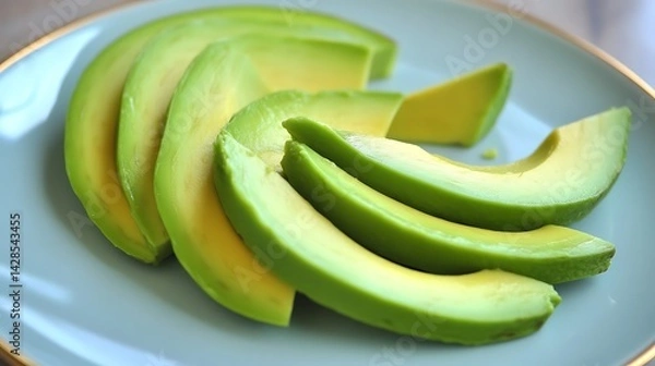 Fototapeta Sliced Avocados on a Plate: A Close-Up View of Fresh, Ripe Avocado Slices Arranged on a Light Blue Plate, Highlighting Their Vibrant Green and Yellow Hues.