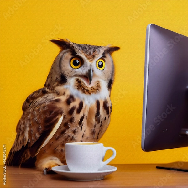 Obraz OIL PAINTING STYLE ILLUSTRATION surprised owl look in front of desktop computer looking at monitor in yellow background