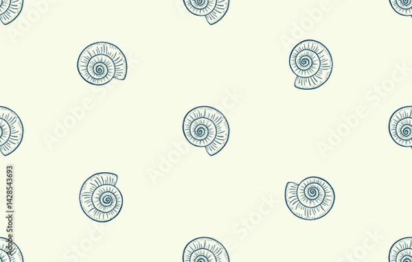Fototapeta Seamless horizontal pattern with hand-drawn seashell  engraving. A vector sea shell nautical repeat pattern for decoration, print, and marine-themed designs.