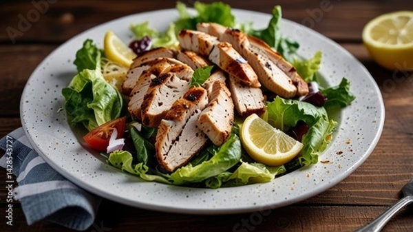 Fototapeta Grilled chicken caesar salad with parmesan cheese lemon slices.