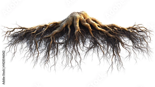 Fototapeta Exposed tree root system with intricate branching pattern isolated on white background detailed veins and texture