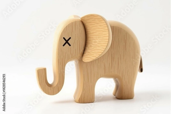 Fototapeta Jouet, Éléphant en bois stylisé avec un œil en forme de “X”, au design minimaliste et moderne.