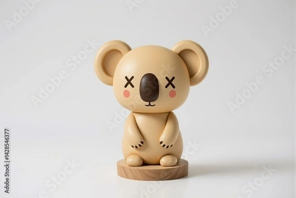Fototapeta Jouet, Koala en bois stylisé avec un œil en forme de “X”, au design minimaliste et moderne.