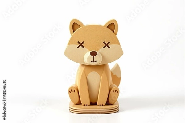 Fototapeta Jouet, renard en bois stylisé avec un œil en forme de “X”, au design minimaliste et moderne.