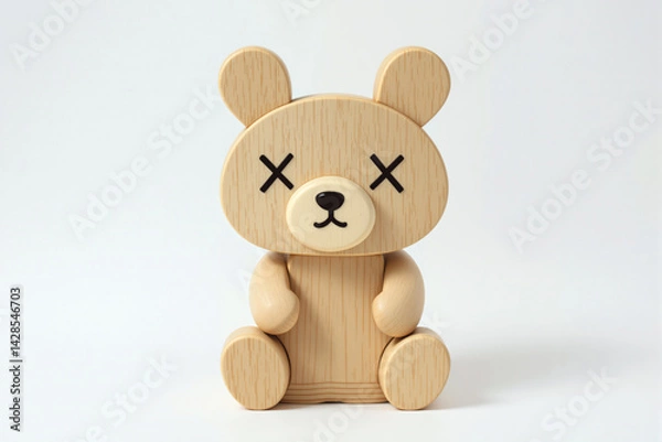 Fototapeta Jouet, Lapin en bois stylisé avec un œil en forme de “X”, au design minimaliste et moderne.Jouet, 