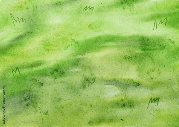 Fototapeta Abstract green grass watercolor illustration with soft textured background, hand drawn springtime artwork for nature design and decoration