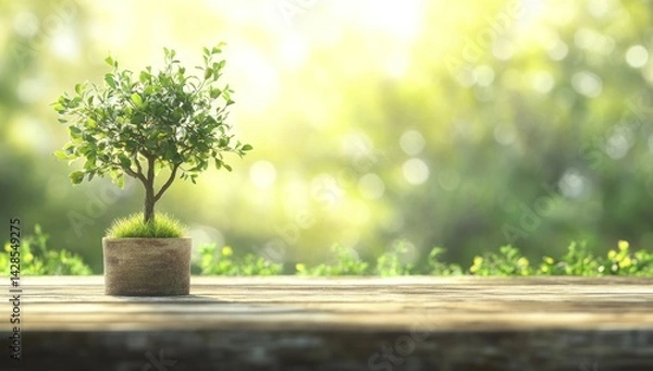 Fototapeta Small tree in pot on table with blurred green background and sunlight.