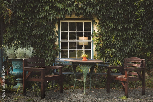 Fototapeta A charming outdoor patio in the Lake District, featuring a rustic bistro table and wooden chairs against an ivy-covered wall, exuding quaint village serenity.