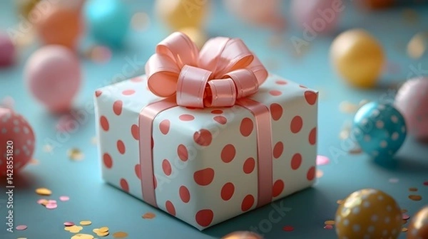 Fototapeta Whimsical polka dot gift box with a colorful ribbon on a table with birthday