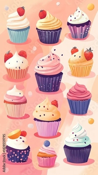 Fototapeta Gluten free Colorful cupcakes with various toppings and flavors.