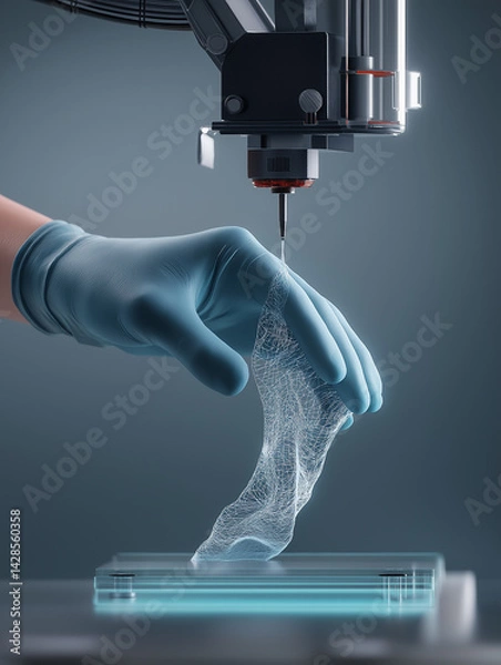 Fototapeta A high-tech 3D printer fabricates lab-grown skin grafts using glowing bio-ink, symbolizing advancements in regenerative medicine and burn treatment.