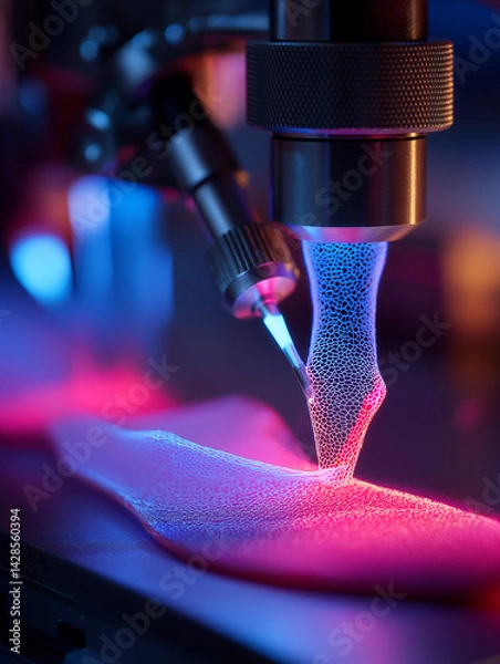 Fototapeta A high-tech 3D printer fabricates lab-grown skin grafts using glowing bio-ink, symbolizing advancements in regenerative medicine and burn treatment.