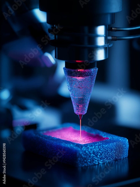 Fototapeta A high-tech 3D printer fabricates lab-grown skin grafts using glowing bio-ink, symbolizing advancements in regenerative medicine and burn treatment.