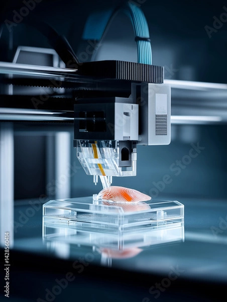 Fototapeta A high-tech 3D printer fabricates lab-grown skin grafts using glowing bio-ink, symbolizing advancements in regenerative medicine and burn treatment.