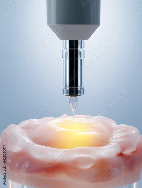 Fototapeta A high-tech 3D printer fabricates lab-grown skin grafts using glowing bio-ink, symbolizing advancements in regenerative medicine and burn treatment.