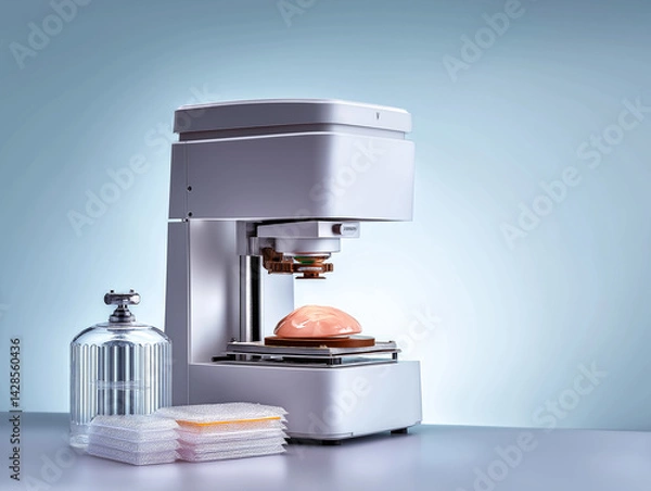Fototapeta A high-tech 3D printer fabricates lab-grown skin grafts using glowing bio-ink, symbolizing advancements in regenerative medicine and burn treatment.