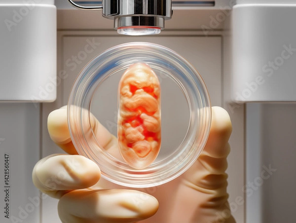Fototapeta A high-tech 3D printer fabricates lab-grown skin grafts using glowing bio-ink, symbolizing advancements in regenerative medicine and burn treatment.