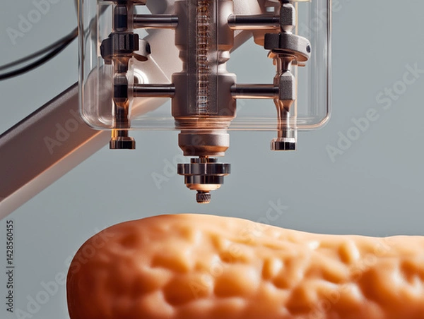 Fototapeta A high-tech 3D printer fabricates lab-grown skin grafts using glowing bio-ink, symbolizing advancements in regenerative medicine and burn treatment.