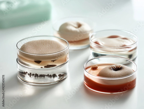 Fototapeta Photorealistic macro shot of artificial skin samples growing in sterile petri dishes. Highlights the translucent texture and scientific precision of biomaterials used in regenerative medicine.