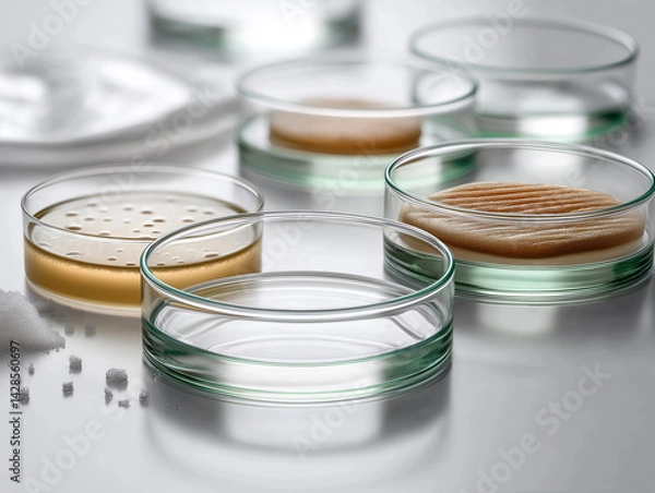 Fototapeta Photorealistic macro shot of artificial skin samples growing in sterile petri dishes. Highlights the translucent texture and scientific precision of biomaterials used in regenerative medicine.