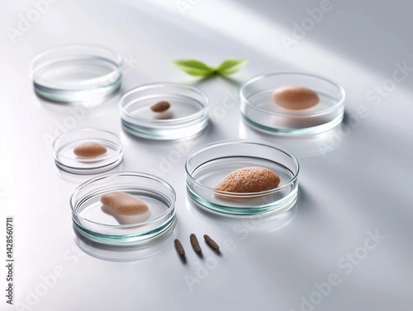 Fototapeta Photorealistic macro shot of artificial skin samples growing in sterile petri dishes. Highlights the translucent texture and scientific precision of biomaterials used in regenerative medicine.