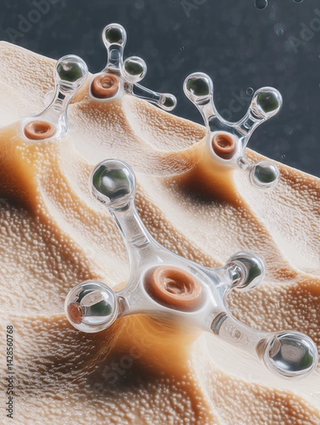 Fototapeta Scientific visualization of artificial skin cells regenerating at microscopic level. Glowing collagen fibers and fibroblast activity symbolize cutting-edge tissue engineering.