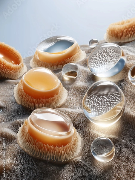 Fototapeta Scientific visualization of artificial skin cells regenerating at microscopic level. Glowing collagen fibers and fibroblast activity symbolize cutting-edge tissue engineering.