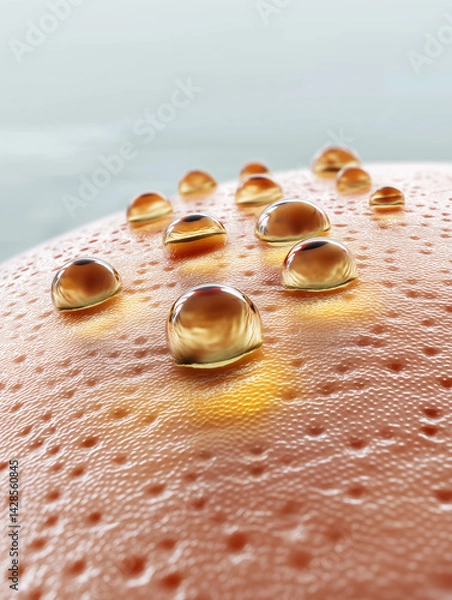 Fototapeta Scientific visualization of artificial skin cells regenerating at microscopic level. Glowing collagen fibers and fibroblast activity symbolize cutting-edge tissue engineering.