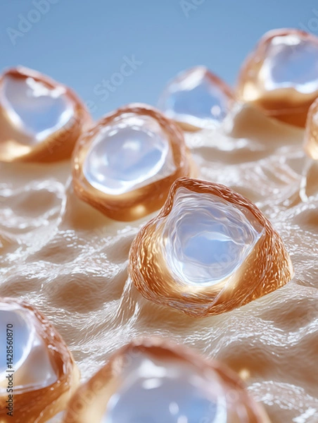 Fototapeta Scientific visualization of artificial skin cells regenerating at microscopic level. Glowing collagen fibers and fibroblast activity symbolize cutting-edge tissue engineering.