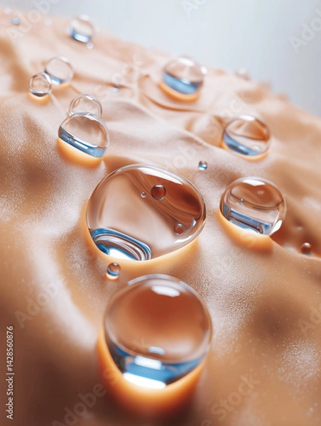 Fototapeta Scientific visualization of artificial skin cells regenerating at microscopic level. Glowing collagen fibers and fibroblast activity symbolize cutting-edge tissue engineering.