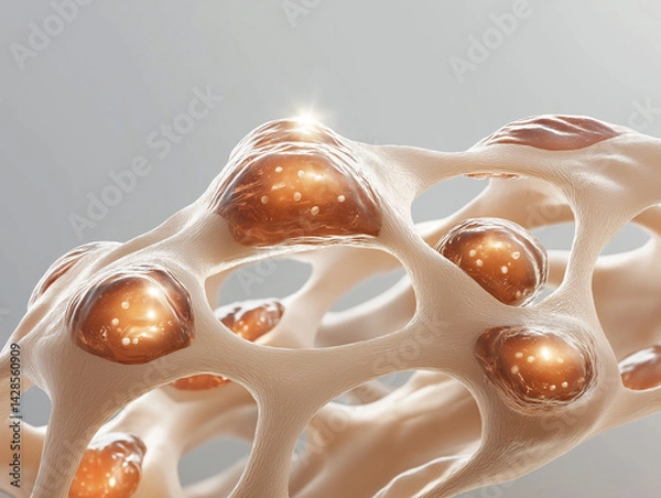 Fototapeta Scientific visualization of artificial skin cells regenerating at microscopic level. Glowing collagen fibers and fibroblast activity symbolize cutting-edge tissue engineering.