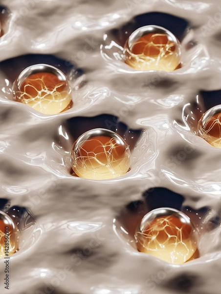 Fototapeta Scientific visualization of artificial skin cells regenerating at microscopic level. Glowing collagen fibers and fibroblast activity symbolize cutting-edge tissue engineering.