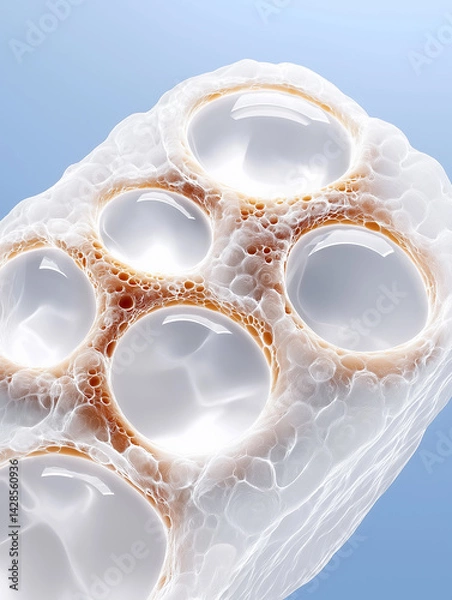 Fototapeta Scientific visualization of artificial skin cells regenerating at microscopic level. Glowing collagen fibers and fibroblast activity symbolize cutting-edge tissue engineering.