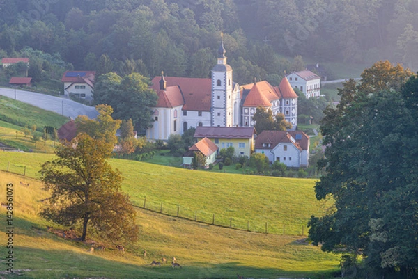 Fototapeta Scenic view of valley with beautiful Olimje monastery in Podcetrtek in Slovenia