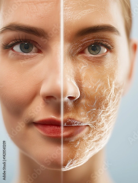 Fototapeta Side-by-side comparison of damaged skin and post-treatment results with lab-grown grafts. Highlights medical advancements in wound regeneration.