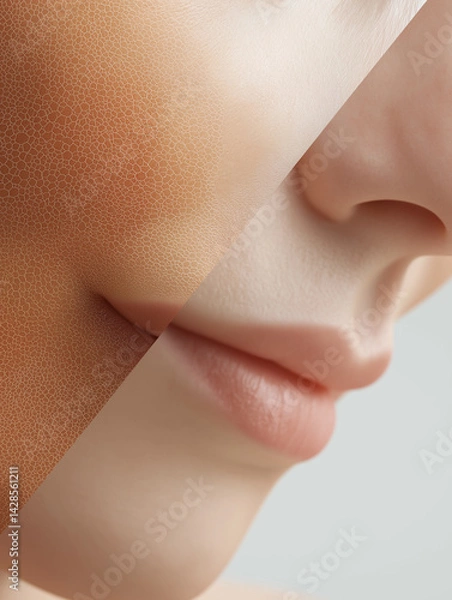 Fototapeta Side-by-side comparison of damaged skin and post-treatment results with lab-grown grafts. Highlights medical advancements in wound regeneration.