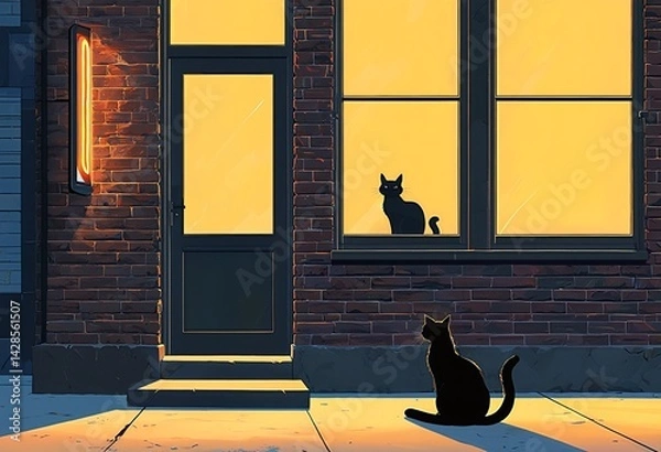 Fototapeta a black cat sits silhouetted against a warm-lit brick facade, gazing up at its companion perched in the window above.